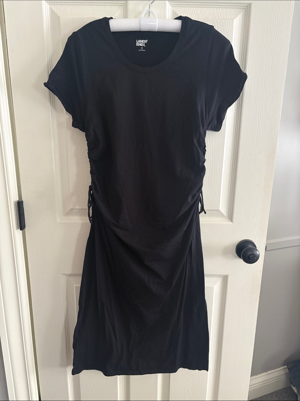 Lands' End Black Side-Ruched Short Sleeve Midi Dress